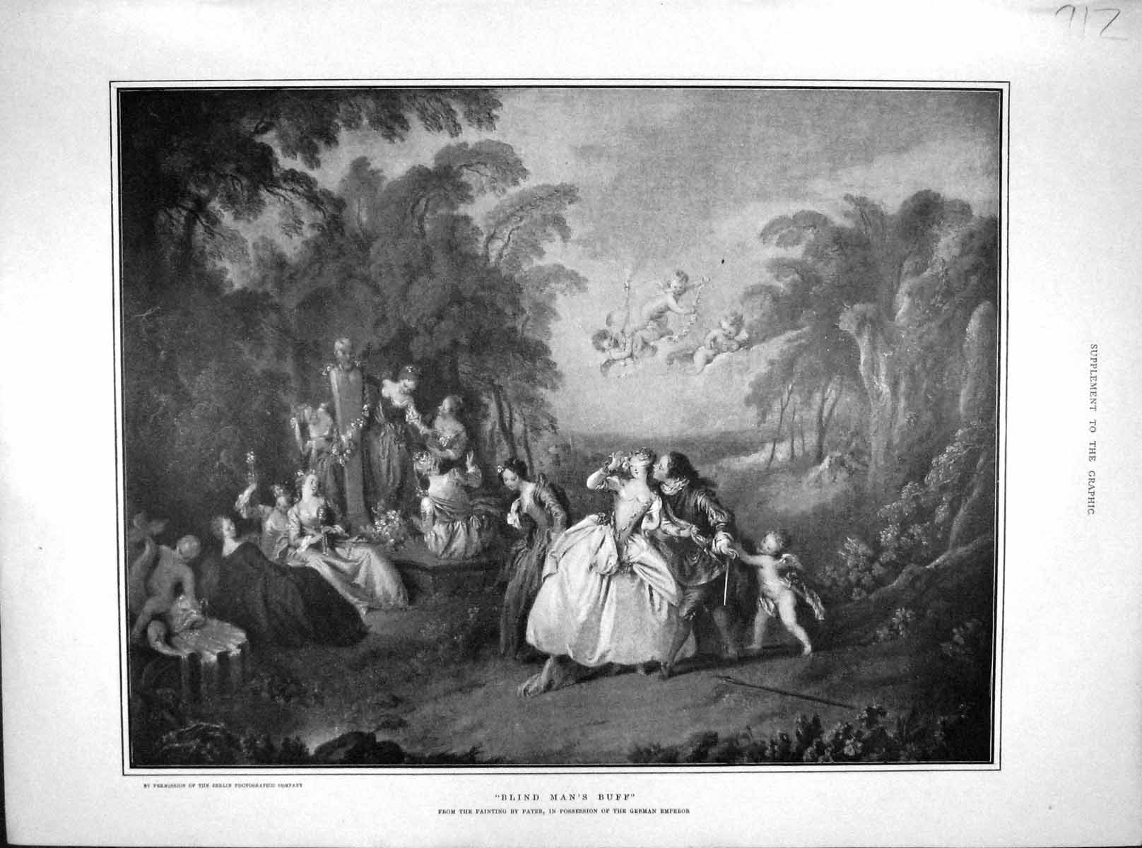 Original Old Antique Print 1902 Blind Man'S Buff Angels Garden Scene 20th