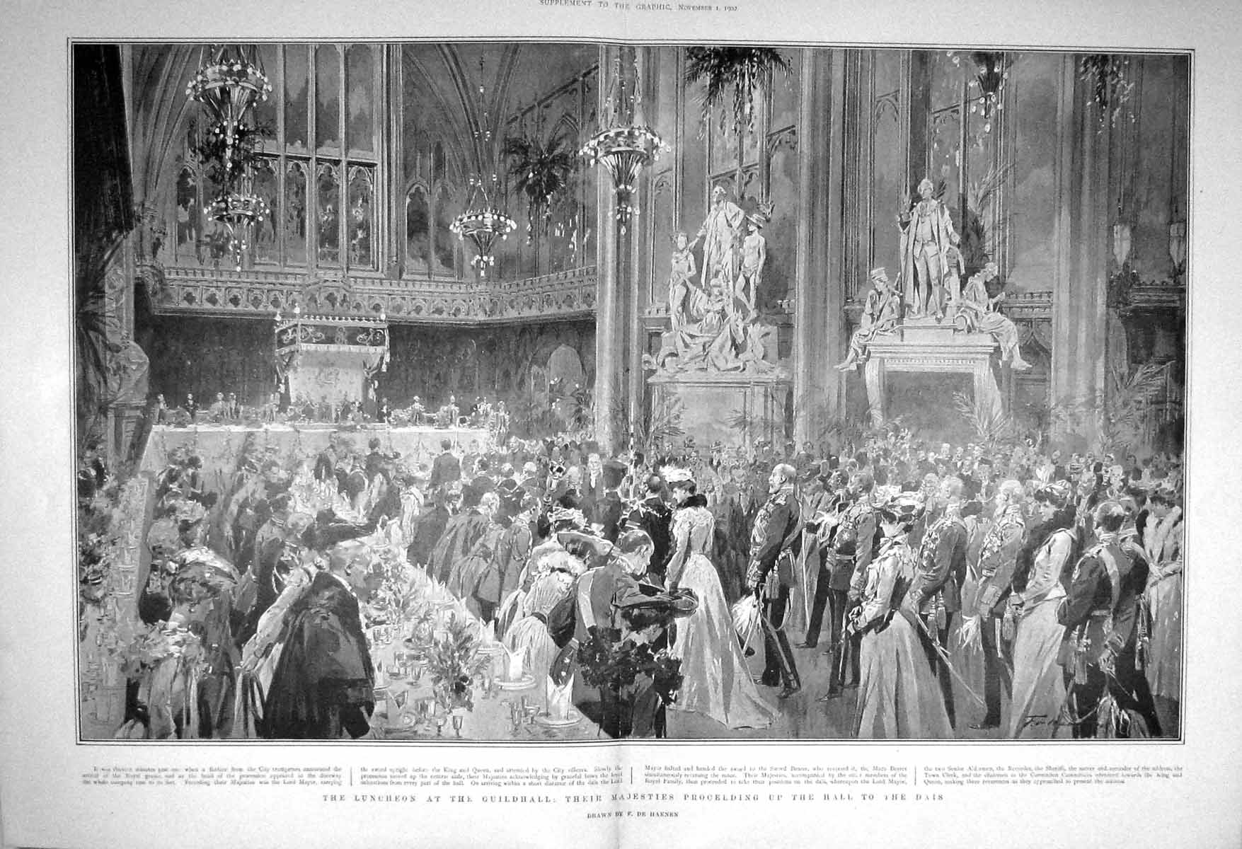 Original Old Antique Print 1902 Luncheon Guildhall King Queen Hall Dais Sword