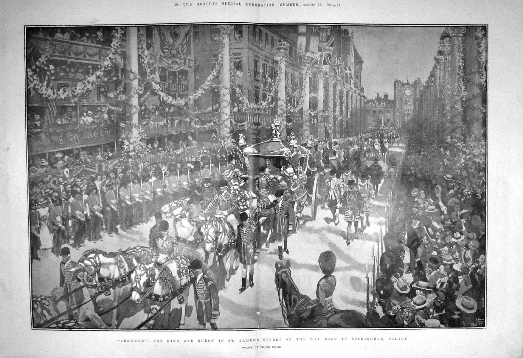 Old Antique Print 1902 King Queen St. James Street Procession Coronation 20th