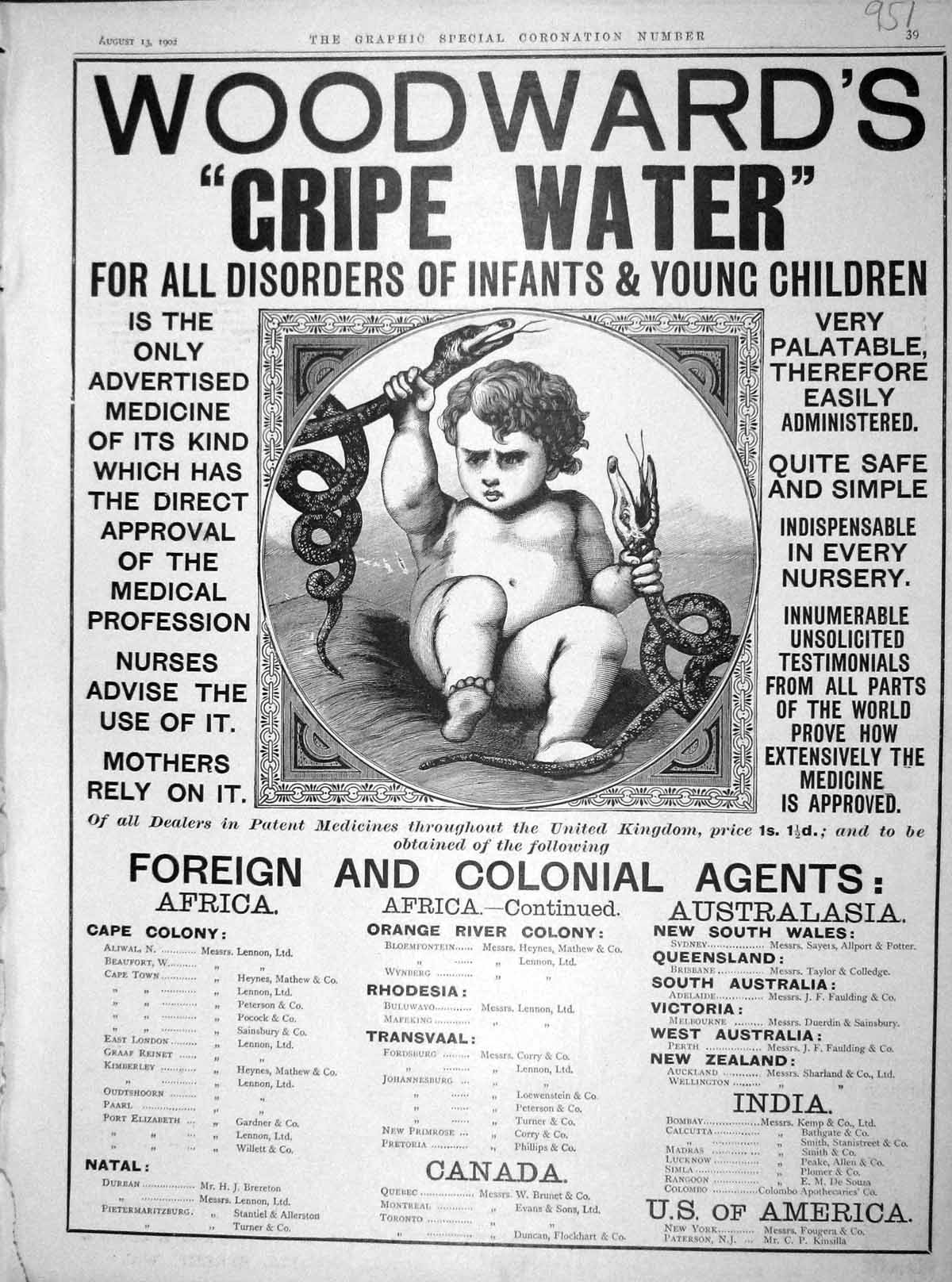 Original Old Antique Print 1902 Advertisement Woodwards Gripe Water Children