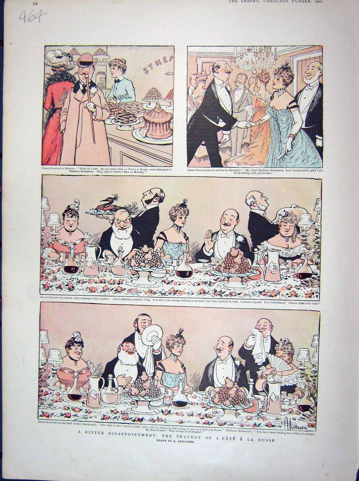 Old Antique Print 1902 Story Illustration Tragedy Pate A La Russe Dinner 20th