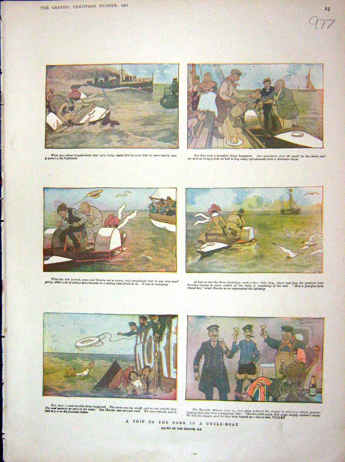 Old Antique Print 1902 Nore Cycle Boat France Story Illustration Colour 20th