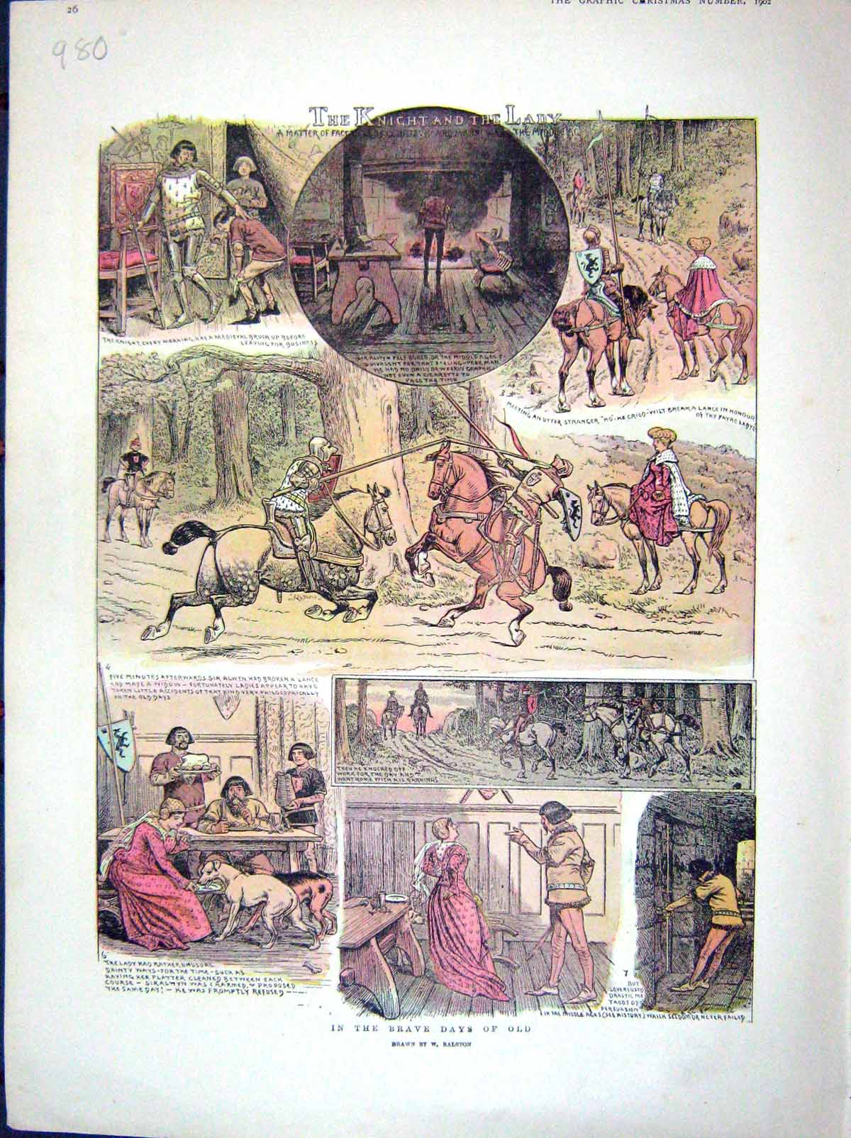 Original Old Antique Print 1902 Knight And The Lady Story Illustration Colour