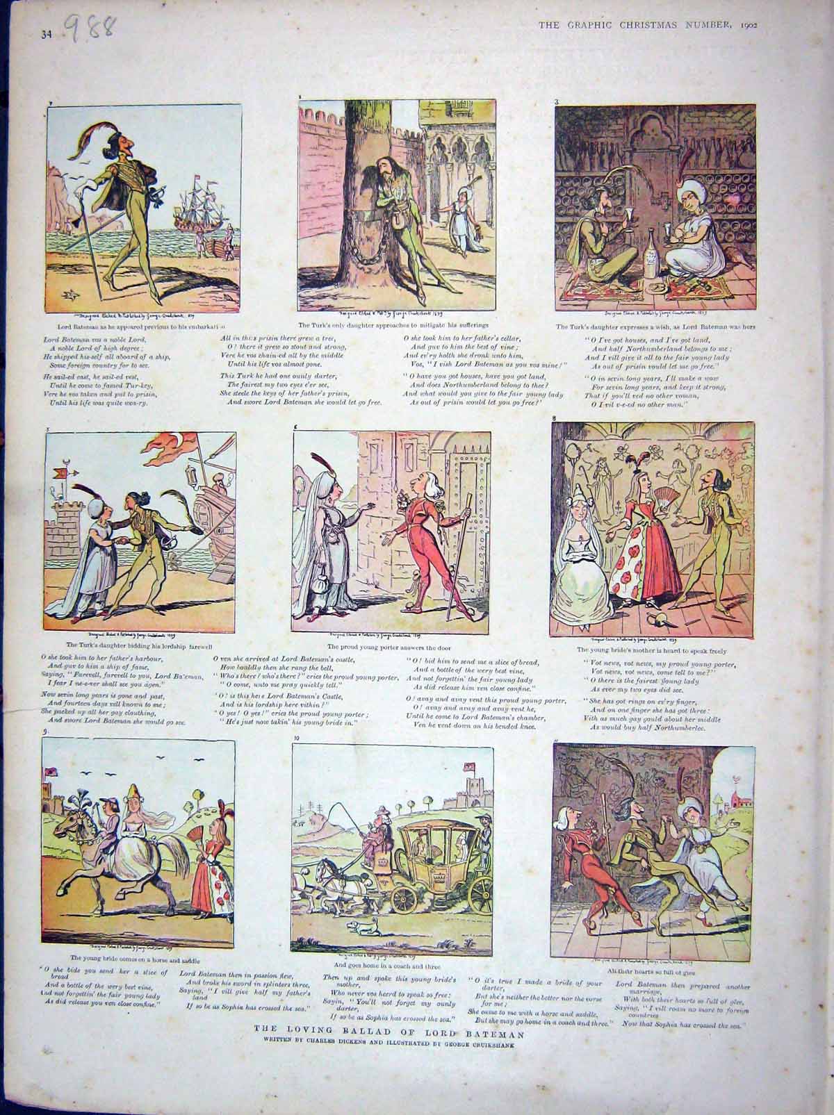 Original Old Antique Print 1902 Story Illustration Loving Ballad Lord Bateman