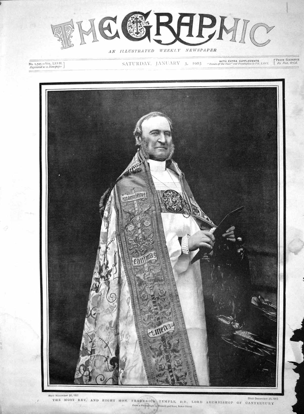 Original Old Antique Print 1903 Portrait Frederick Temple Archbishop Canterbury