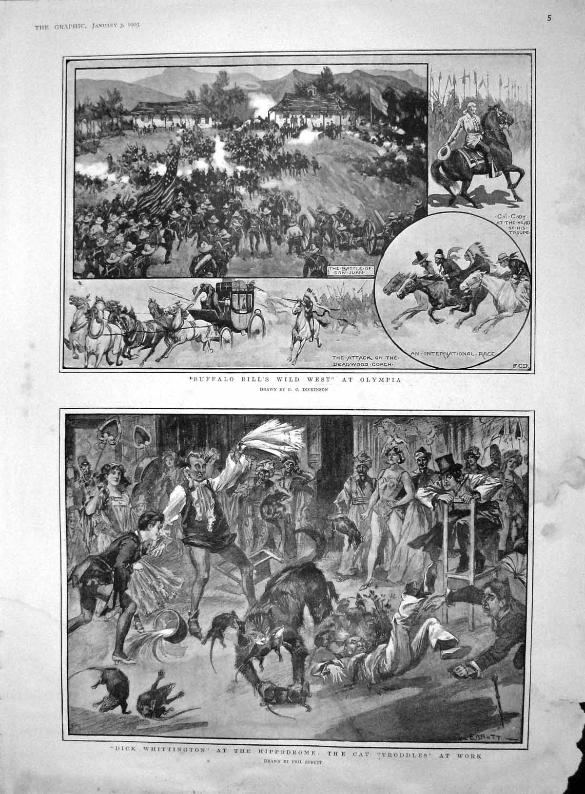 Old Antique Print 1903 Buffalo Bill Olympia Dick Whittington Hippodrome 20th