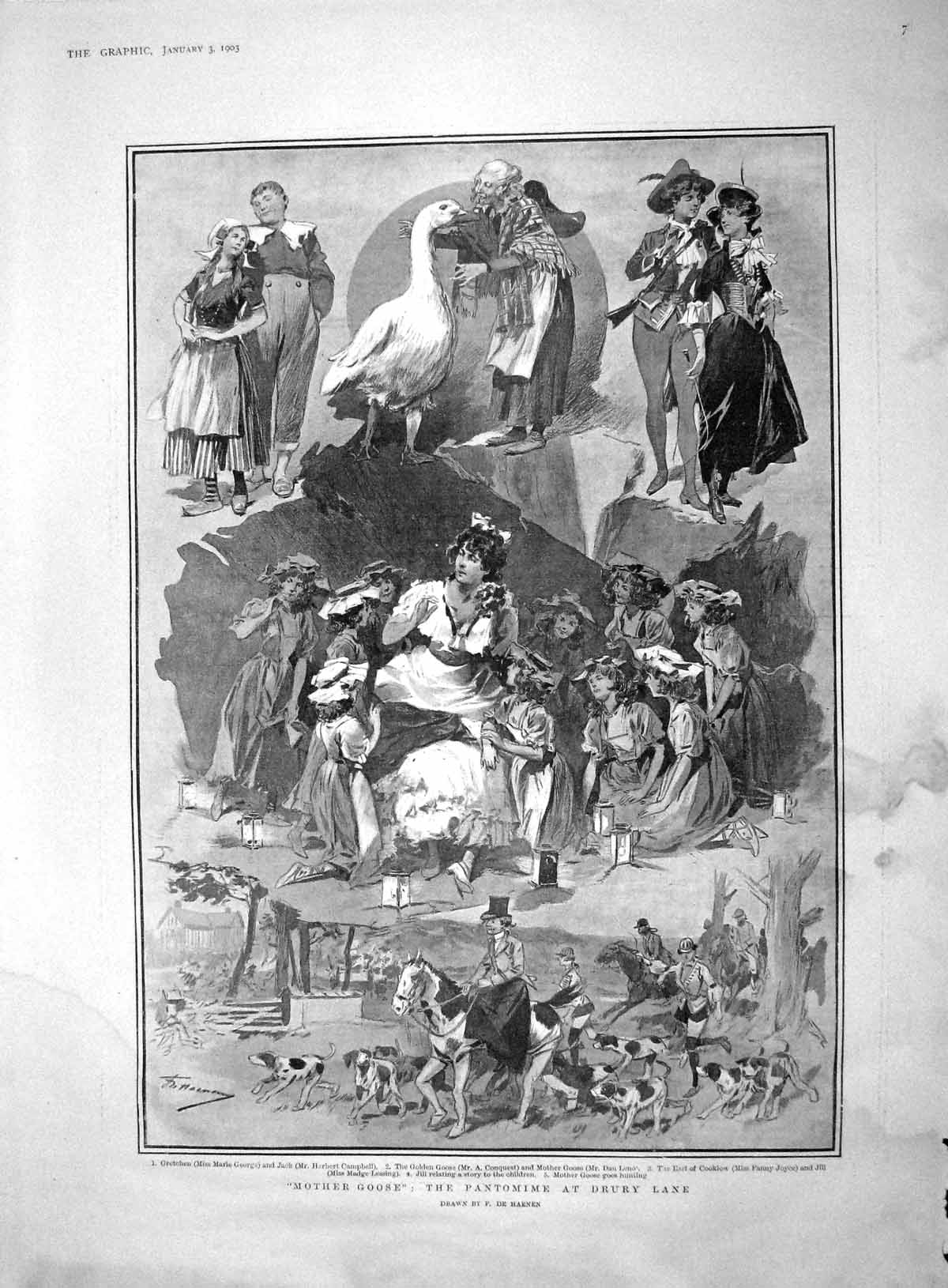 Old Antique Print 1903 Mother Goose Pantomime Drury Lane Theatre George 20th