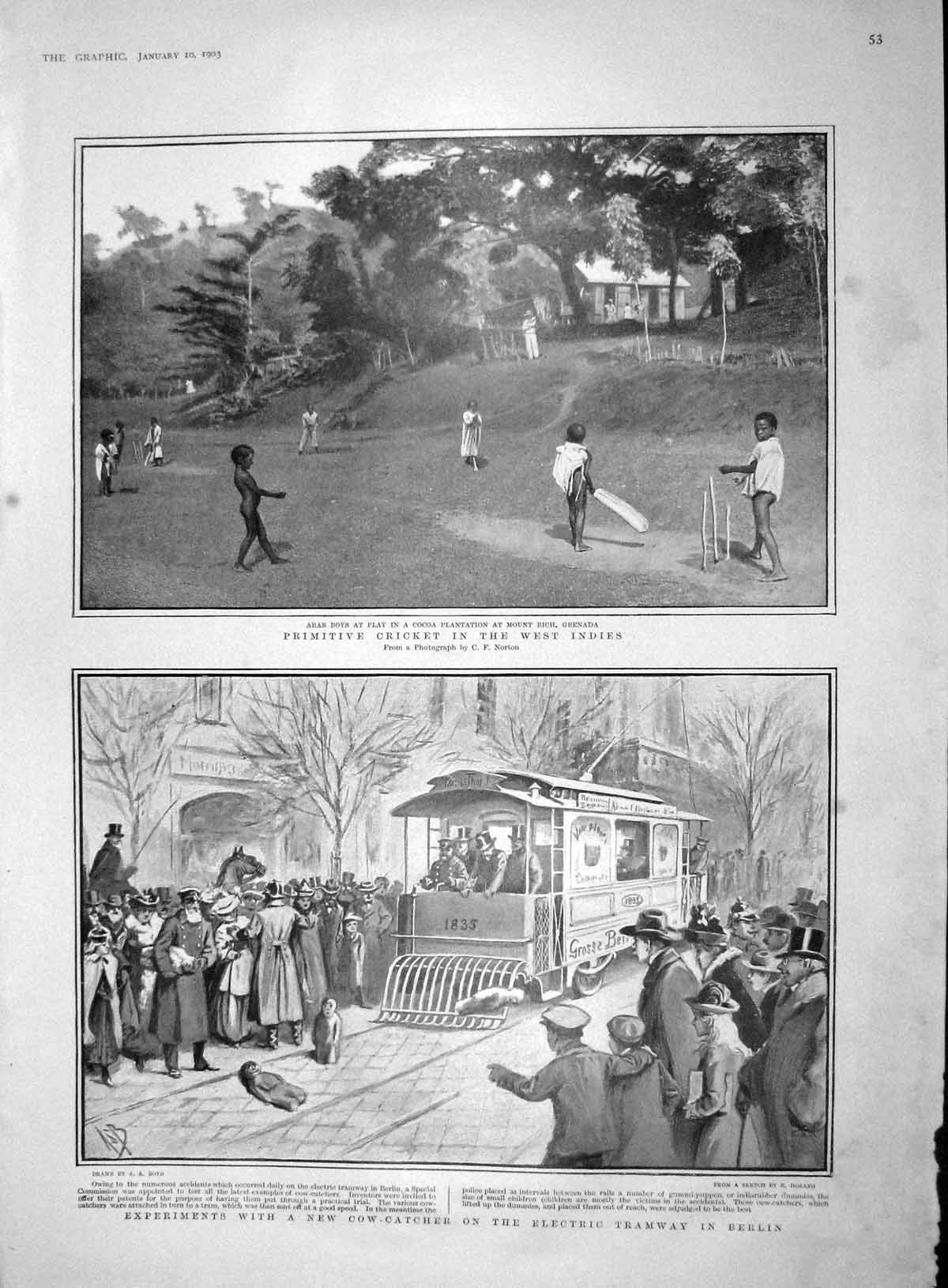 Old Antique Print 1903 Cricket West Indies Electric Tramway Ships Gazelle 20th