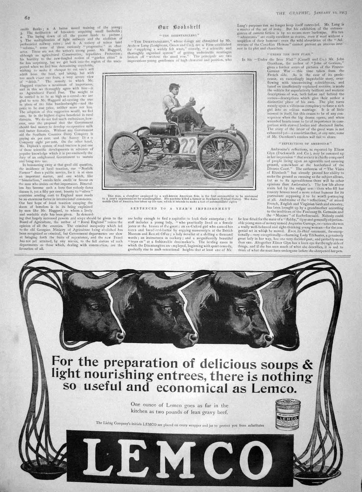 Original Old Antique Print 1903 Chaffeur America Motor Car Lemco Sunlight Soap
