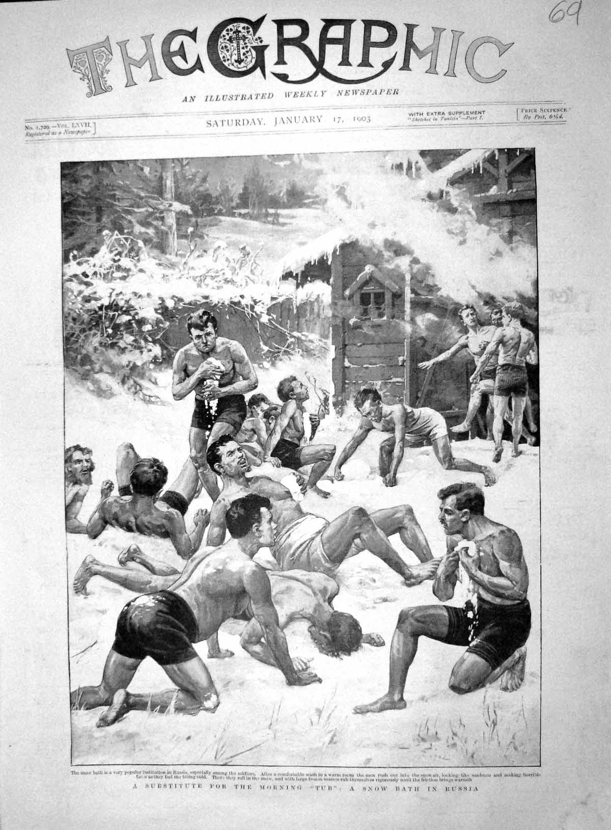 Original Old Antique Print 1903 Snow Bath Siers War Russia Washing 20th Century