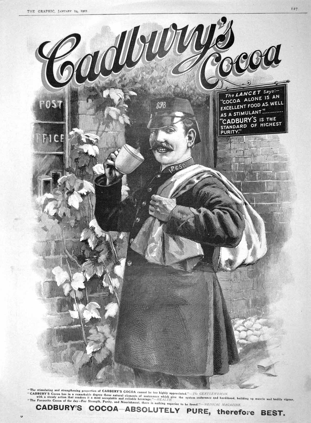 Antique Print Ref.153 1903 Advertisement Cadbury'S Cocoa Drinking Chocolate