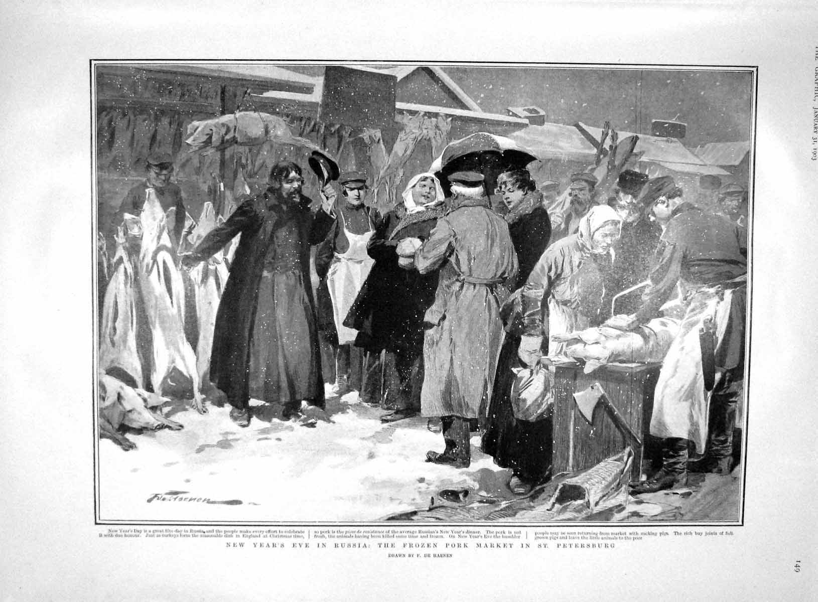 Original Old Antique Print 1903 New Year Russia Market Petersburg Durbar Delhi