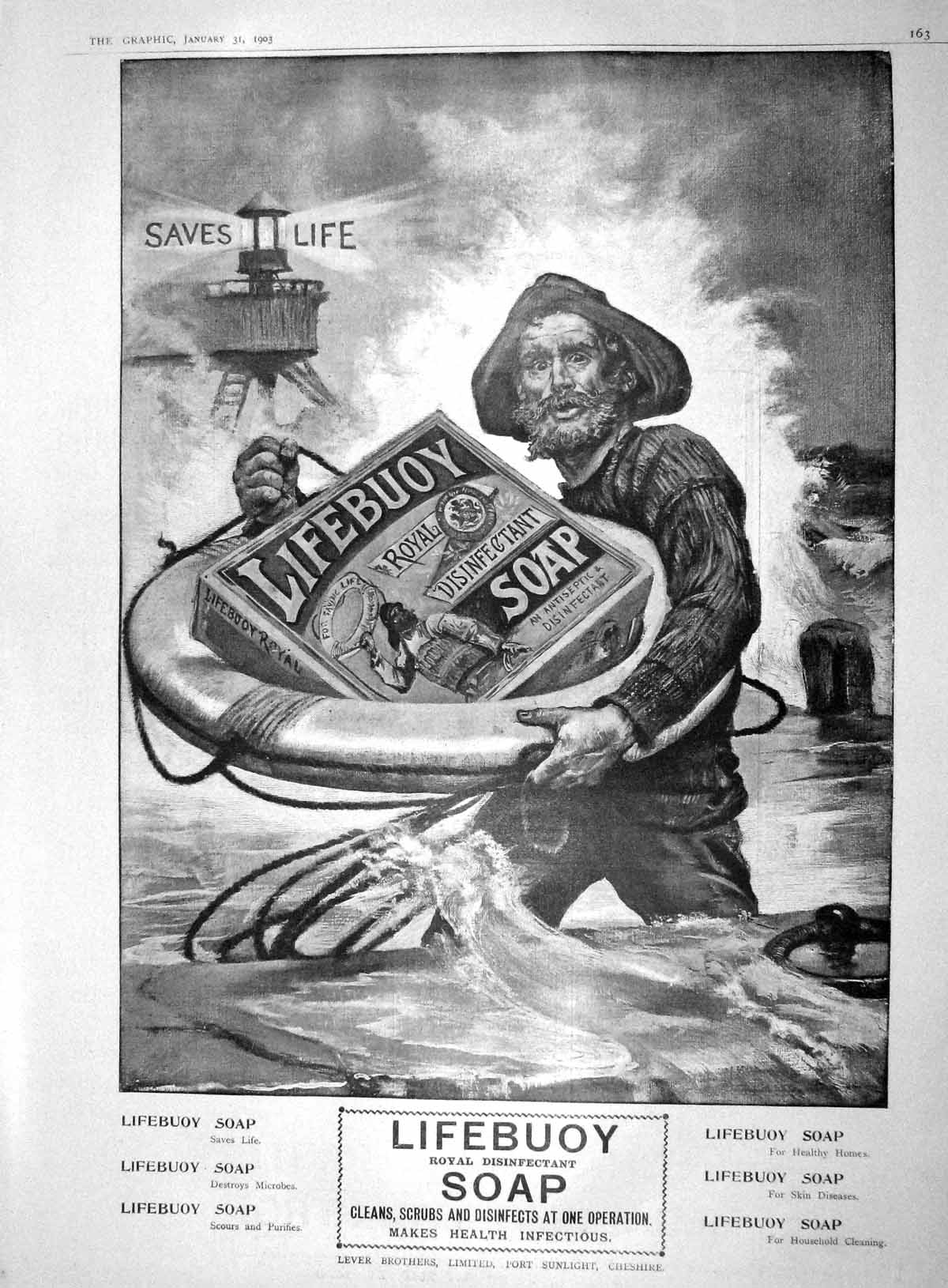 Original Old Antique Print 1903 Advertisement Lifeboy Royal Disinfectant Soap
