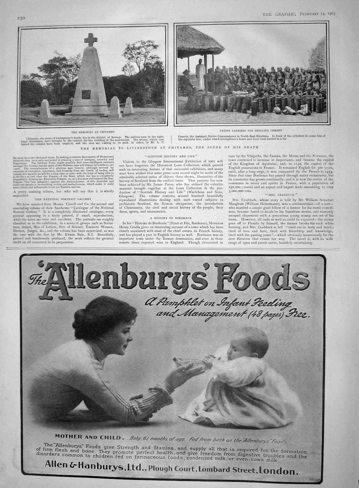 Original Old Antique Print 1903 Memorial Livingstone Chitambo Allenbury'S Foods