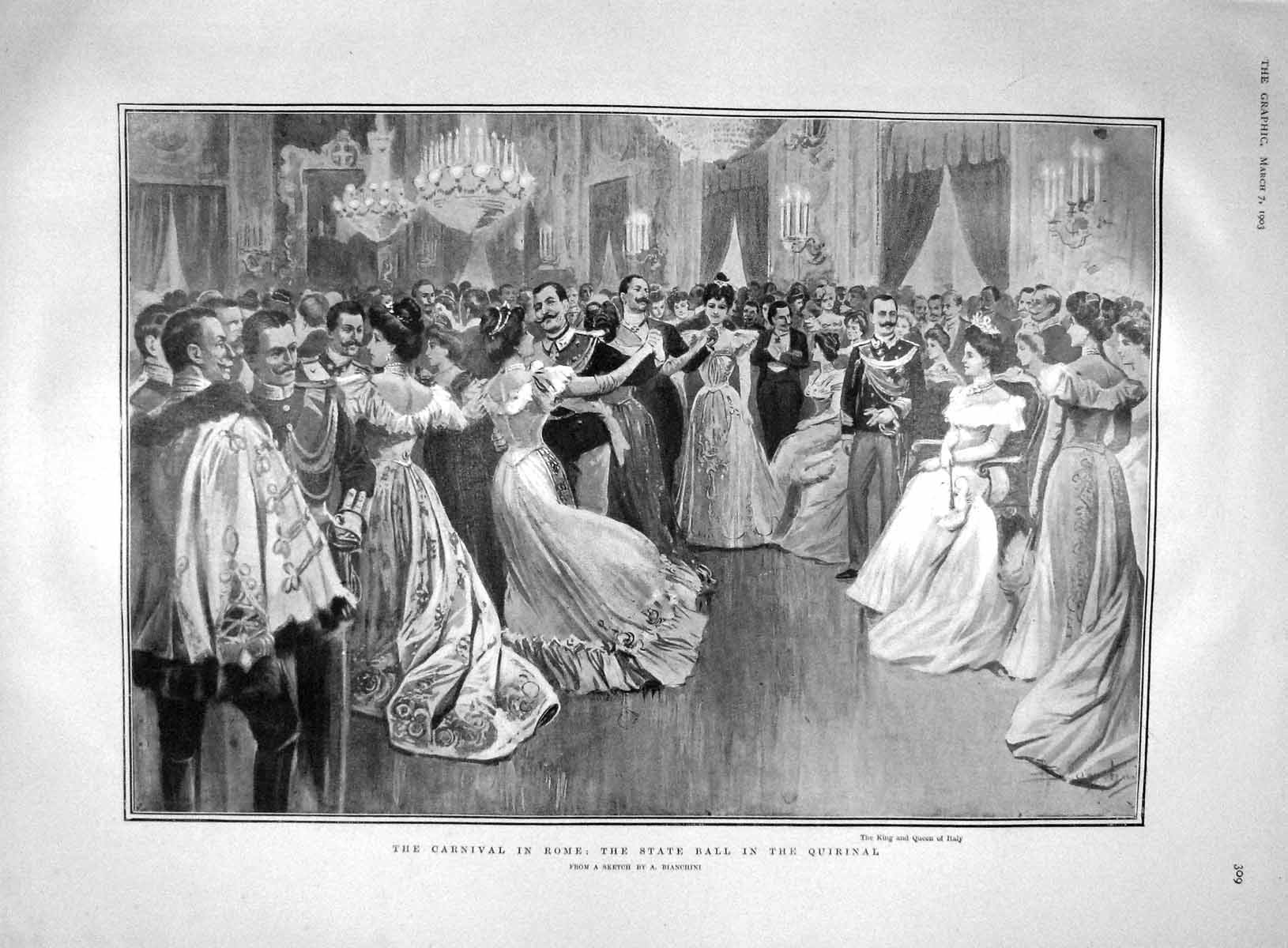 Old Antique Print 1903 Carnival Rome Ball Quirnal Teignmouth Hardcastle 20th