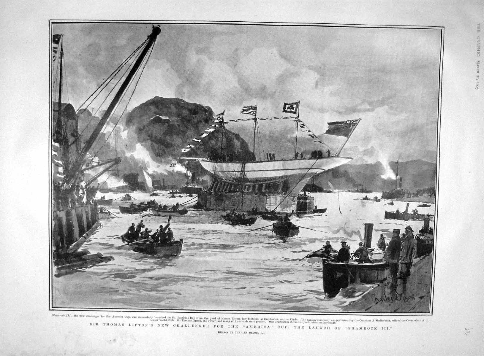 Old Antique Print 1903 Lipton America Cup Shamrock Yachts Shooting Burmah 20th