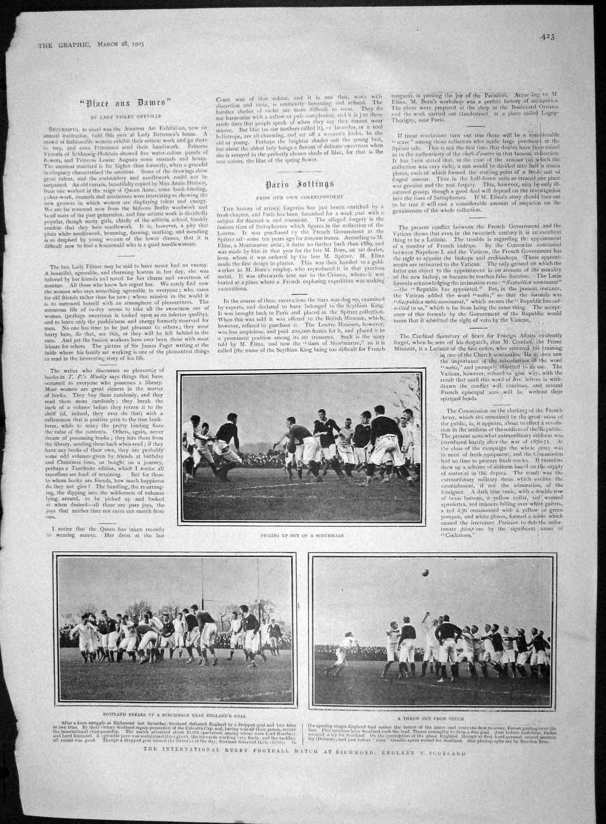 Old Antique Print 1903 Rugby Football Richmond Scotland Switzerland Snow 20th