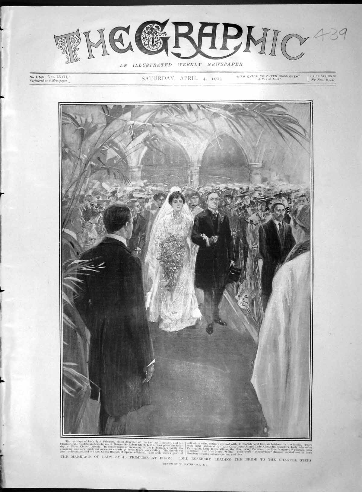 Original Old Antique Print 1903 Marriage Lady Sybil Primrose Epsom Rosebery