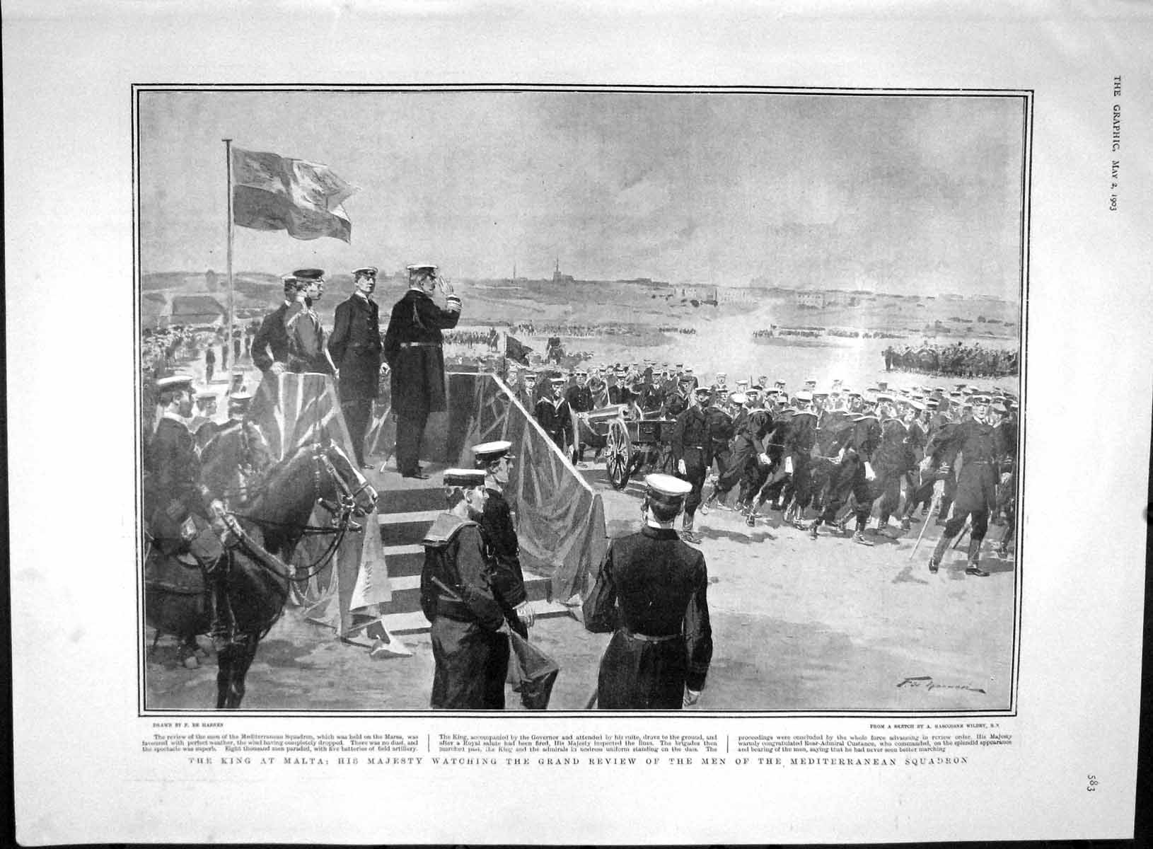 Old Antique Print 1903 King Malta Mediterranean Squadron Kedward Monson 20th