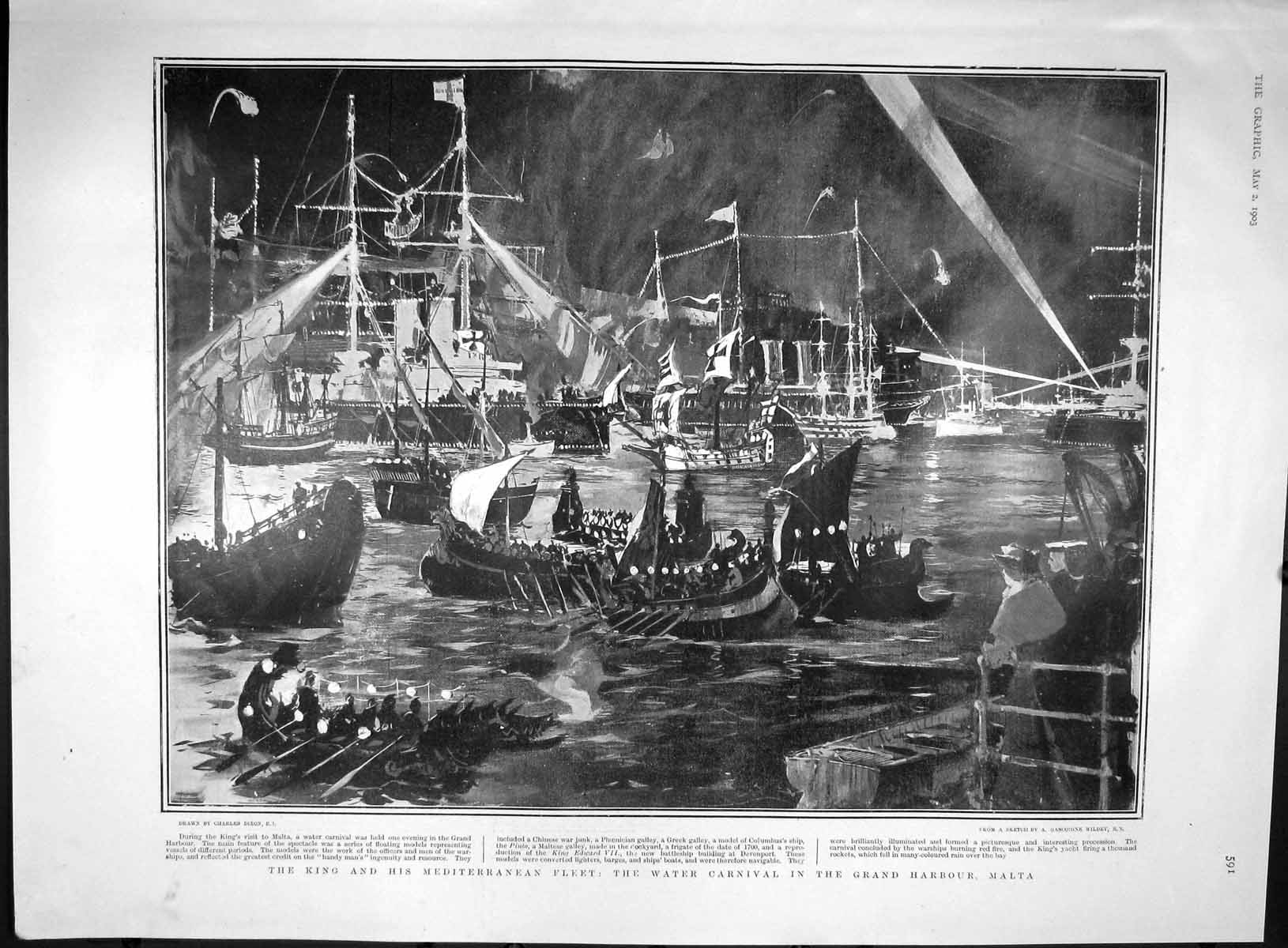 Old Antique Print 1903 King Edward Vii Malta Ships Water Carnival Harbour 20th