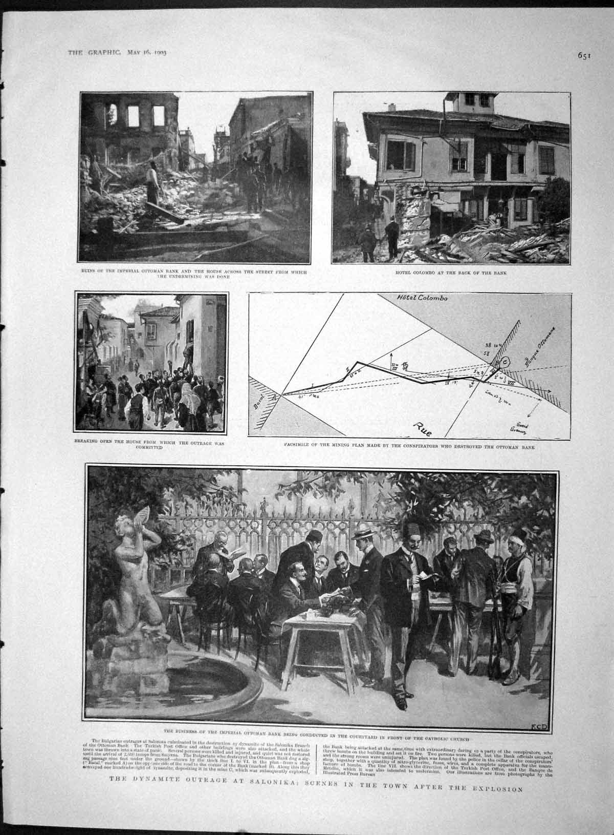Original Old Antique Print 1903 Dynamite Salonika Ottoman Bank Winnipeg Indians