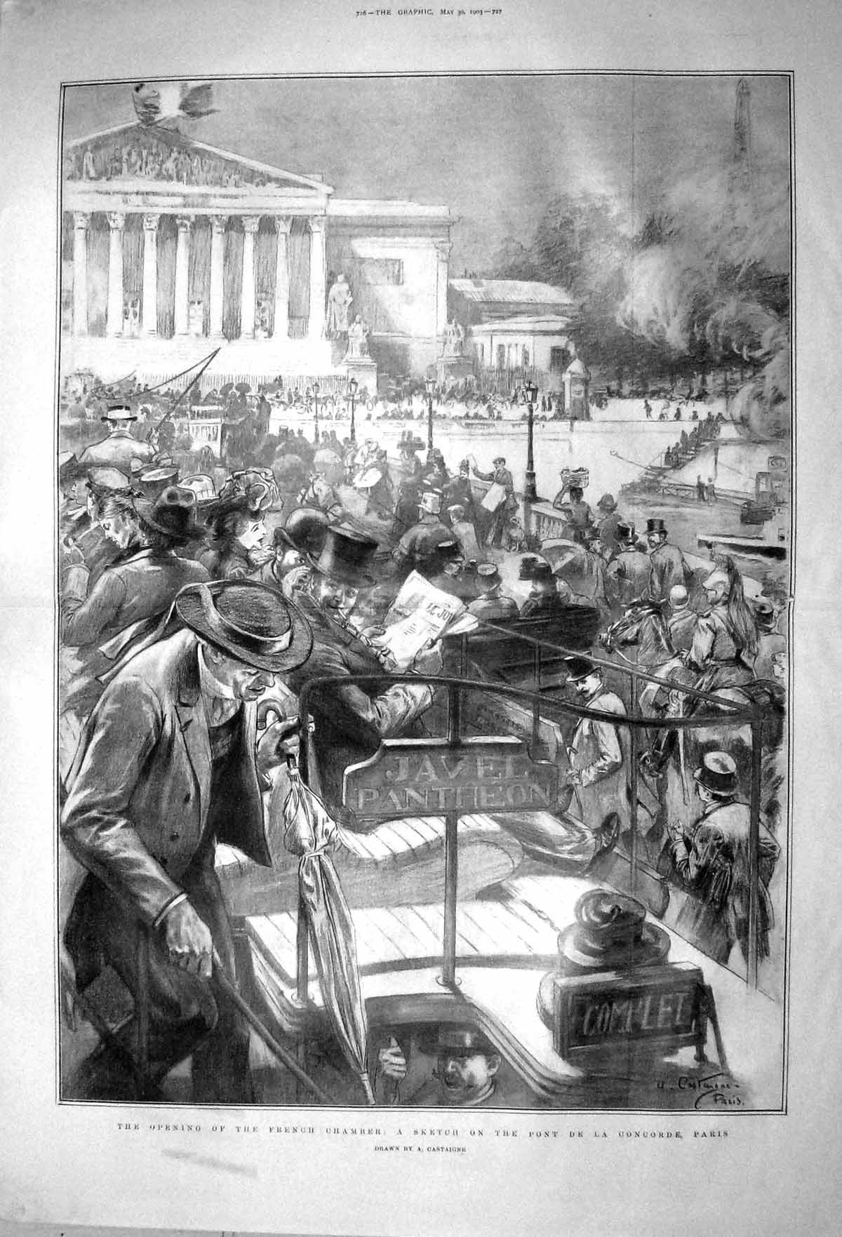 Old Antique Print 1903 French Chamber Pont De La Concorde Paris France 20th