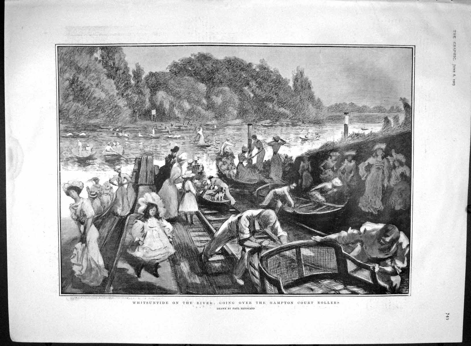 Old Antique Print 1903 River Boats Hampton Court Rollers Kursaal Zurich 20th
