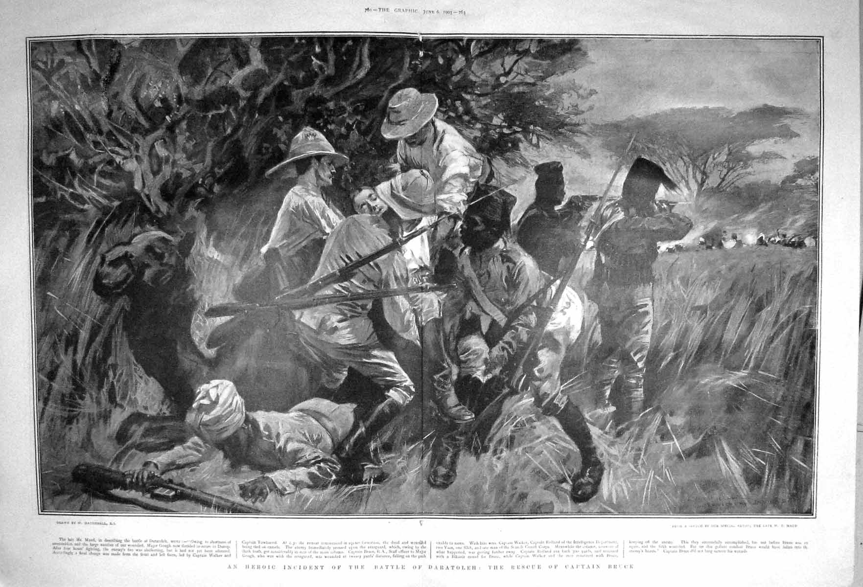 Original Old Antique Print 1903 Battle Daratoleh Rescue Captain Bruce Walker