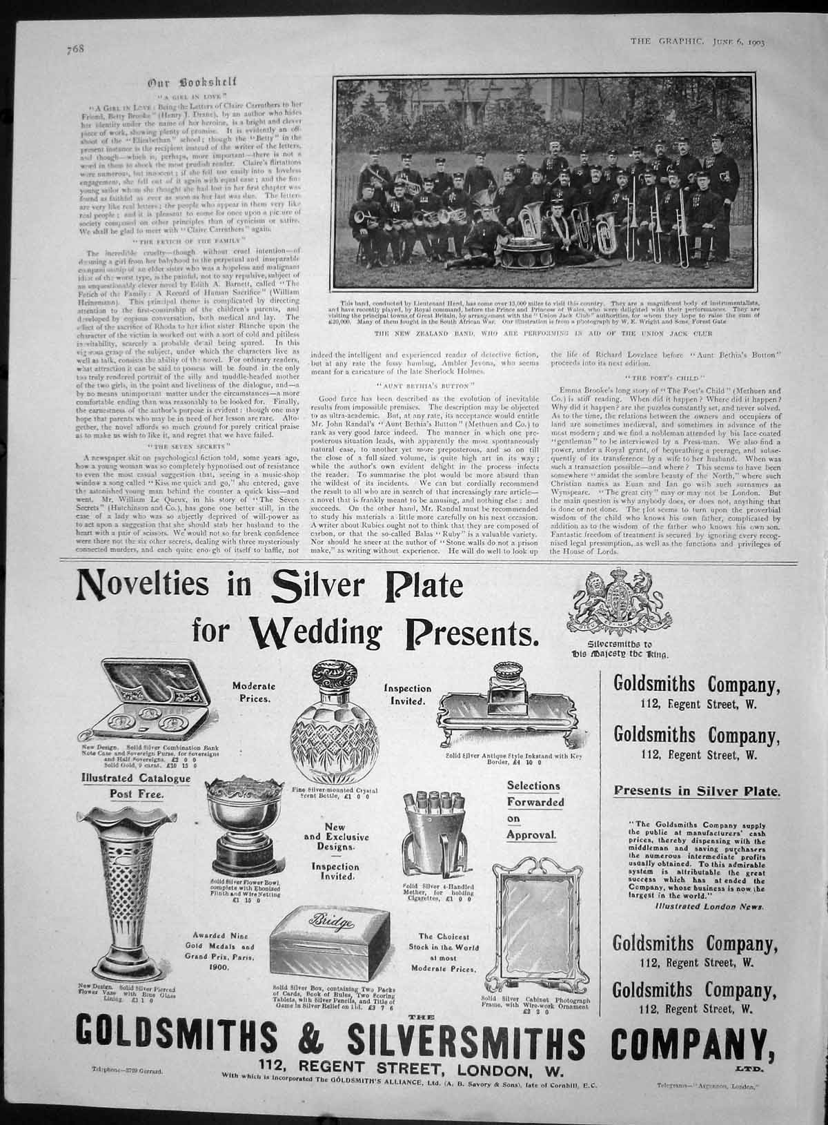 Original Old Antique Print 1903 New Zealand Music Band Union Jack Club Gsmith
