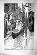 Original Old Antique Print 1903 Venice Five Clock Guests Departing Canal Boat