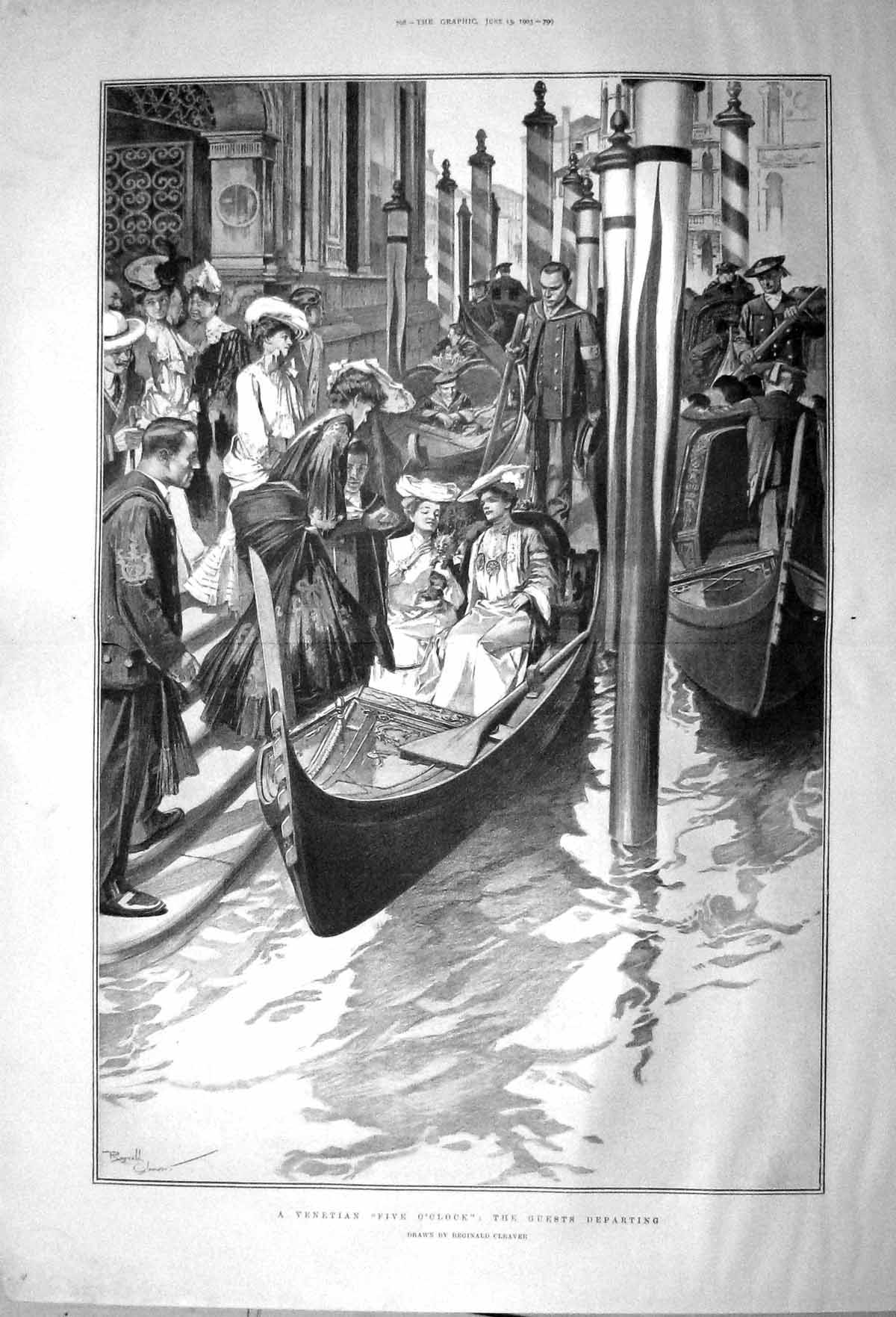 Original Old Antique Print 1903 Venice Five Clock Guests Departing Canal Boat