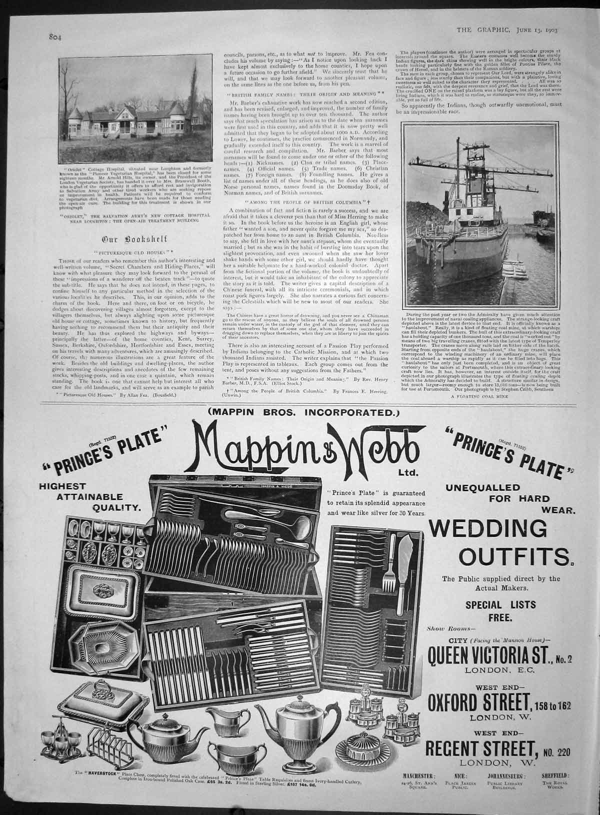 Old Antique Print 1903 Oriolet Salvation Army Hospital Coal Ship Mappin 20th