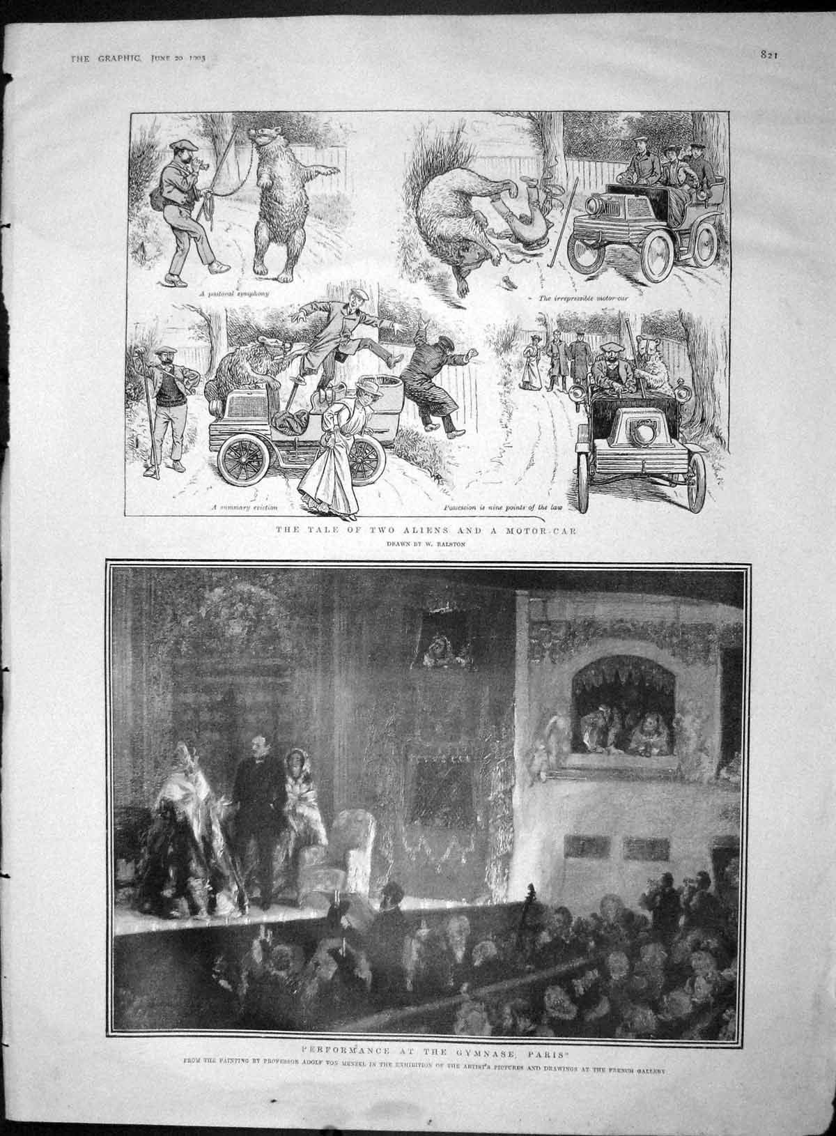 Original Old Antique Print 1903 Motor Car Theatre Gymnase Paris Vardon Golf War