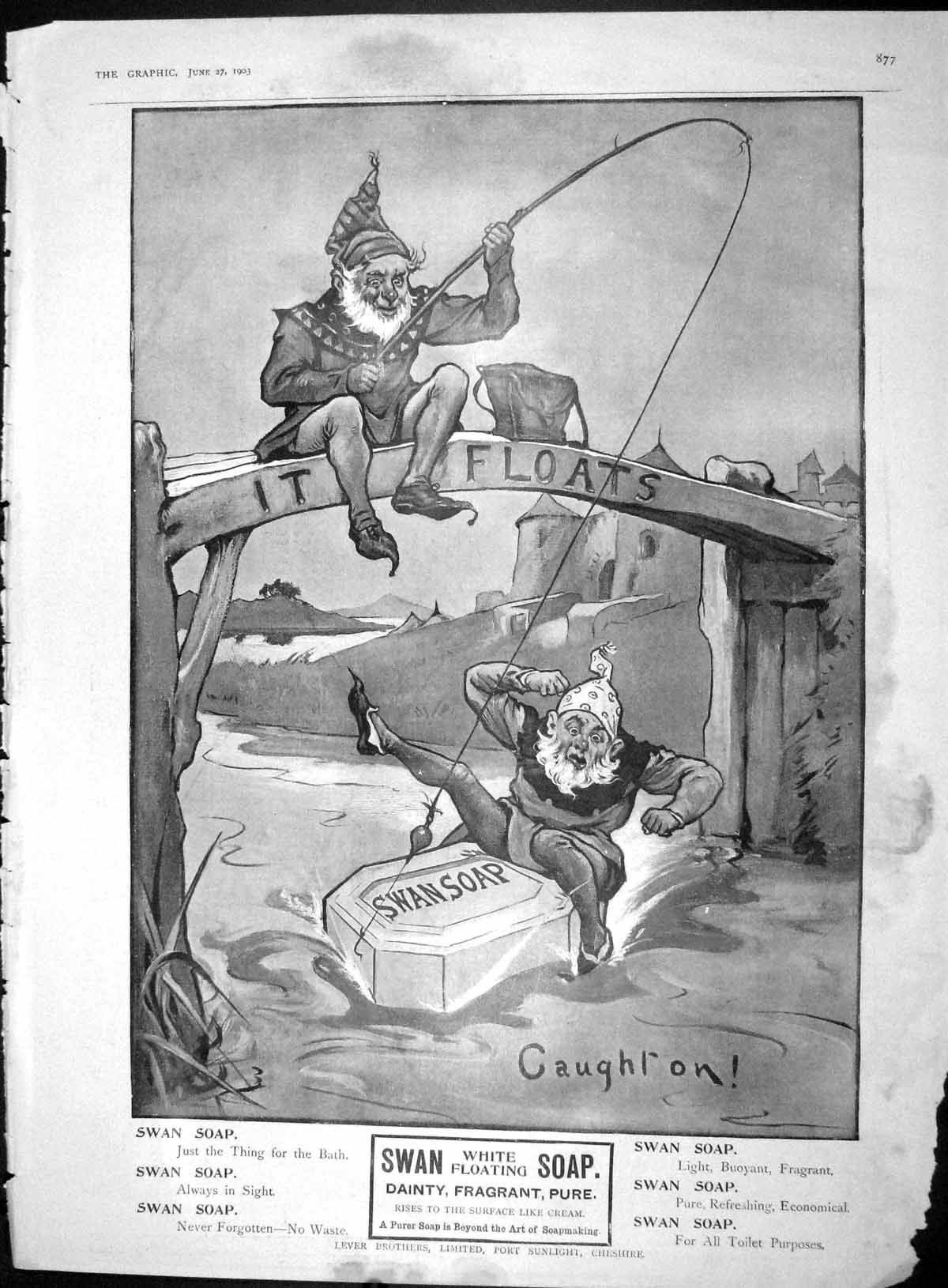 Original Old Antique Print 1903 Advertisement Swan White Floating Soap Sunlight