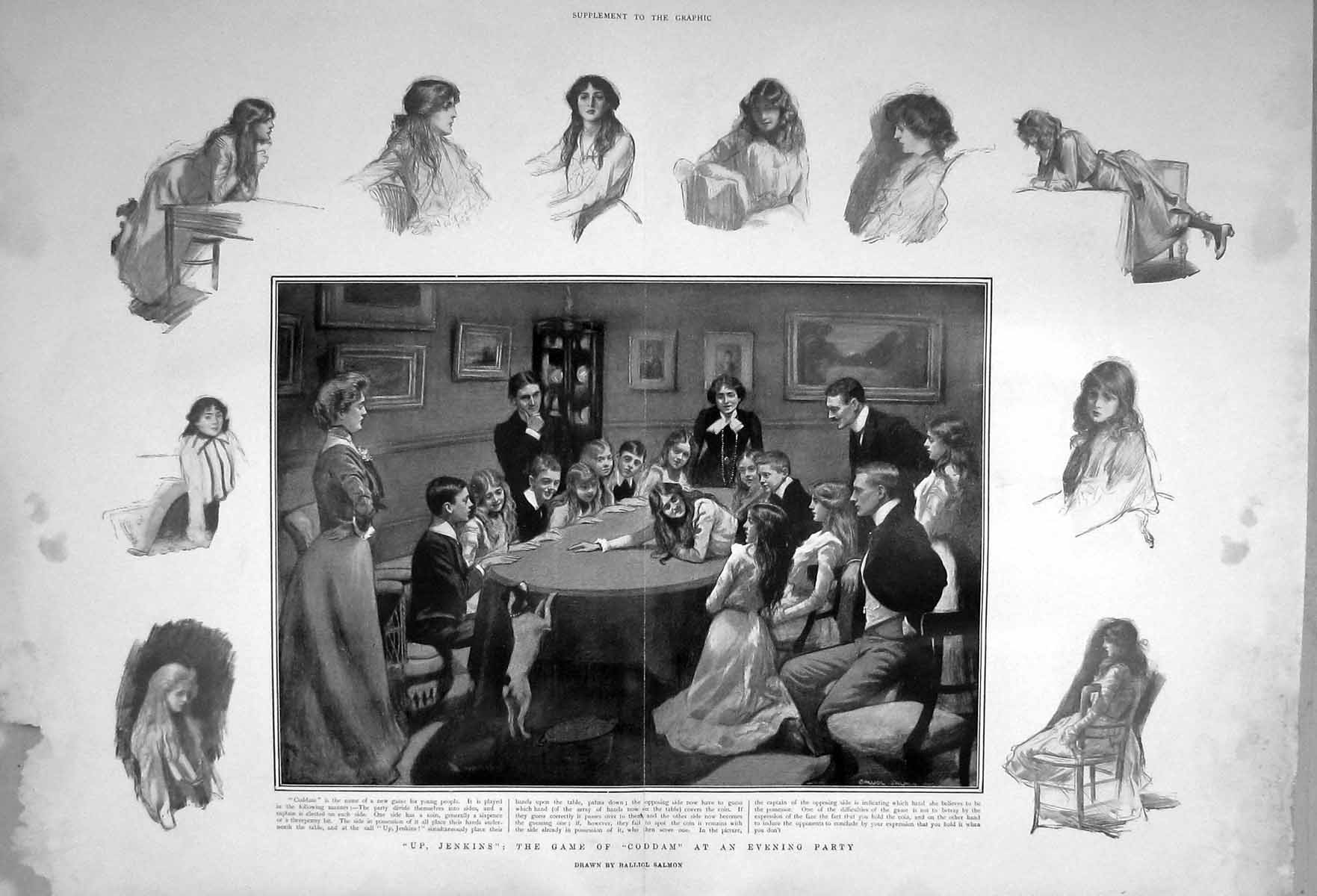 Original Old Antique Print 1903 Coddam Evening Party Game Children Jenkins Dog