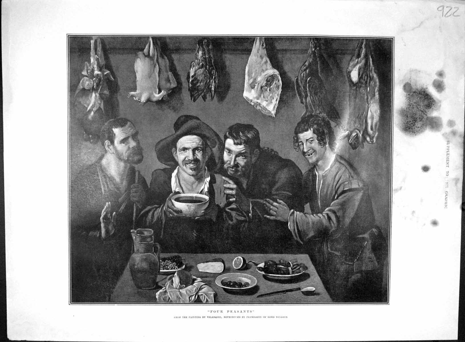 Original Old Antique Print 1903 Portrait Four Peasants Men Eating Food 20th