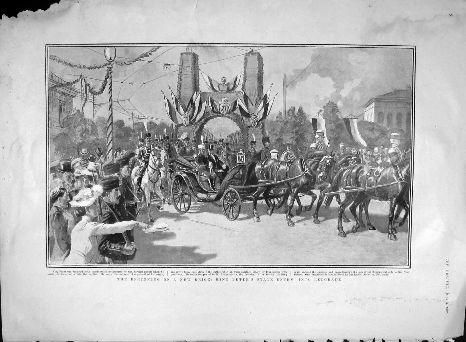 Original Old Antique Print 1903 King Peter Entry Belgrade Santos-Dumont Davies