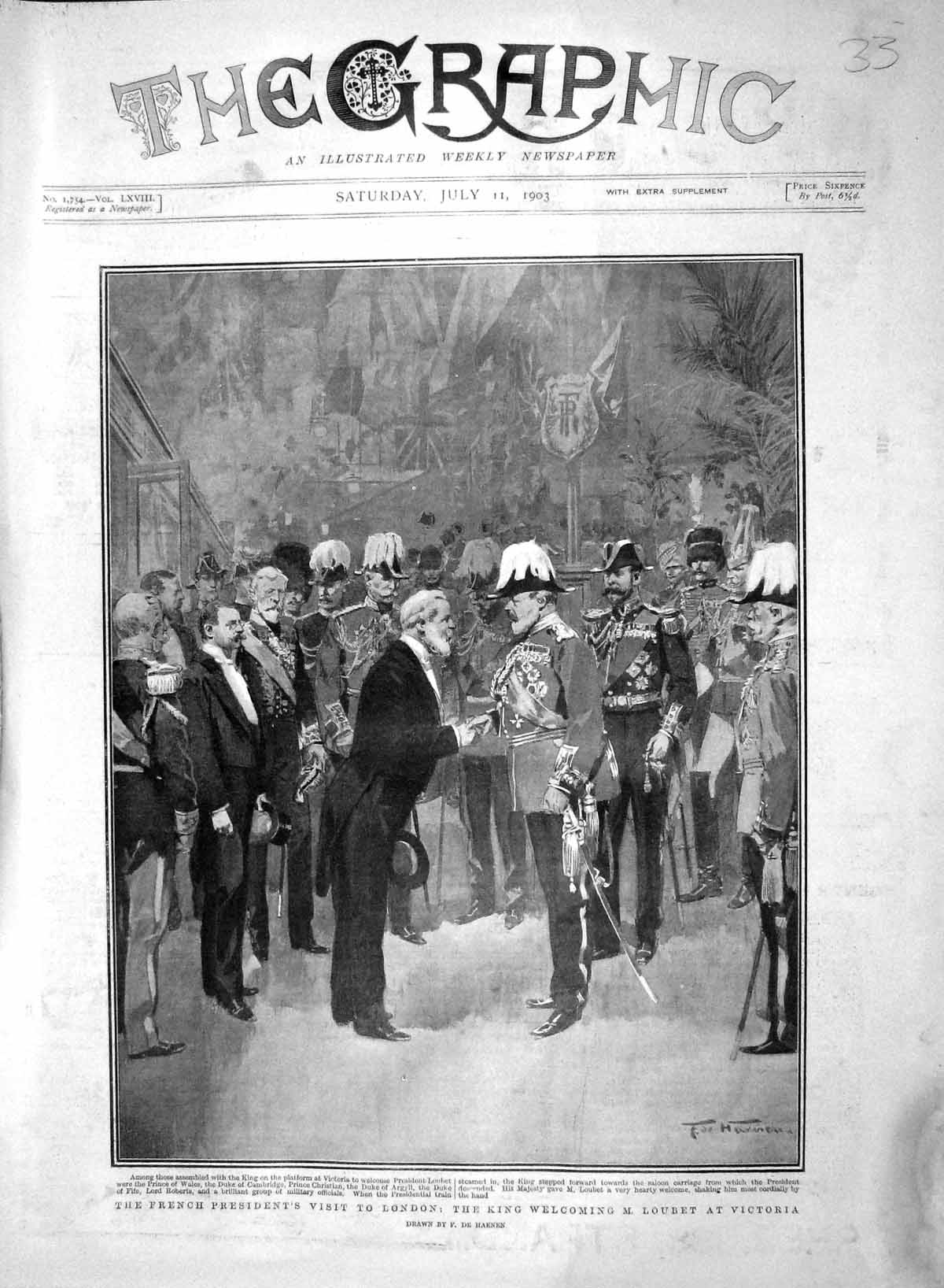 Old Antique Print 1903 King London French President Loubet Lord Roberts 20th