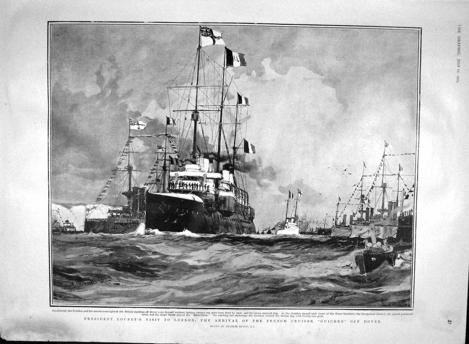 Old Antique Print 1903 Loubet French Ship Guichen Dover London Hyde Park 20th