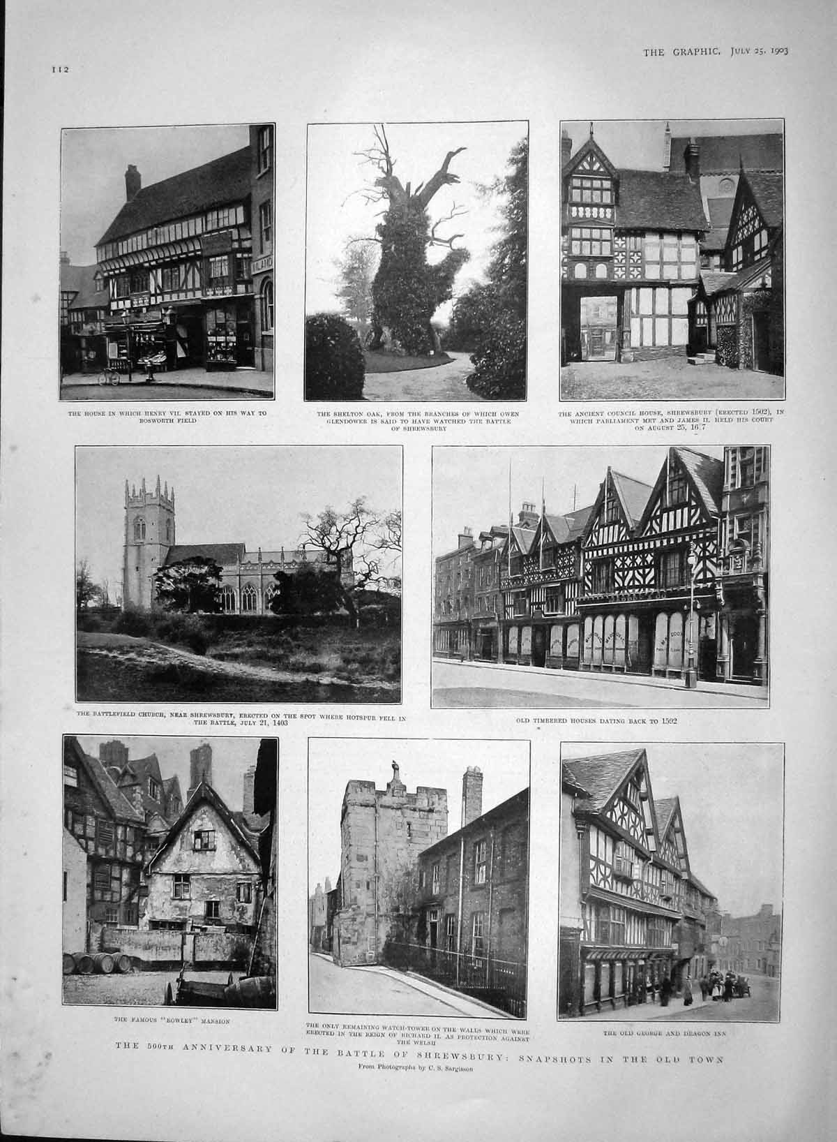 Original Old Antique Print 1903 Shrewsbury Battlefield Church George Dragon Inn