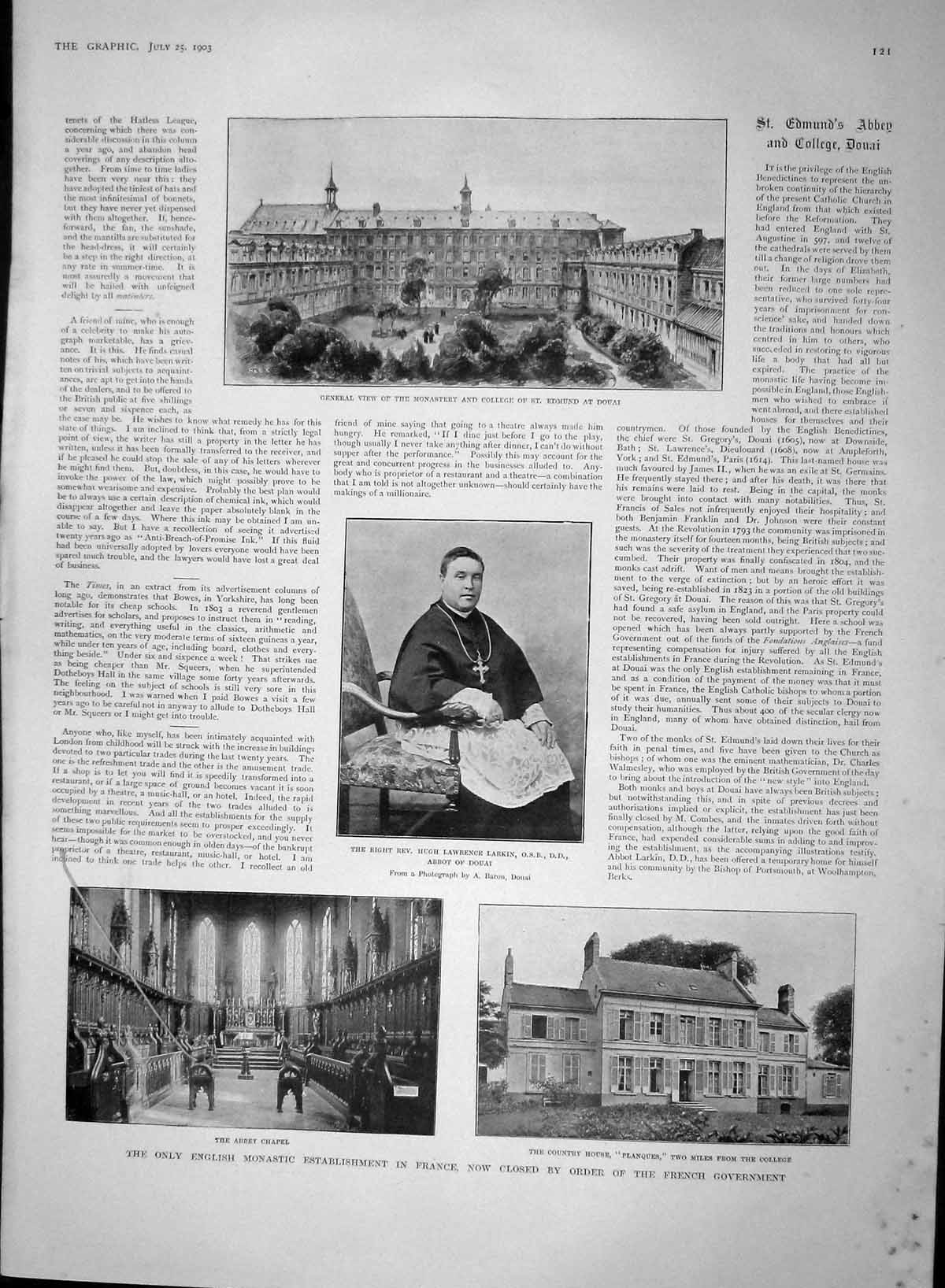Old Antique Print 1903 Rev. Lawrence Monastery Douai Phoenix Lodge Pope 20th