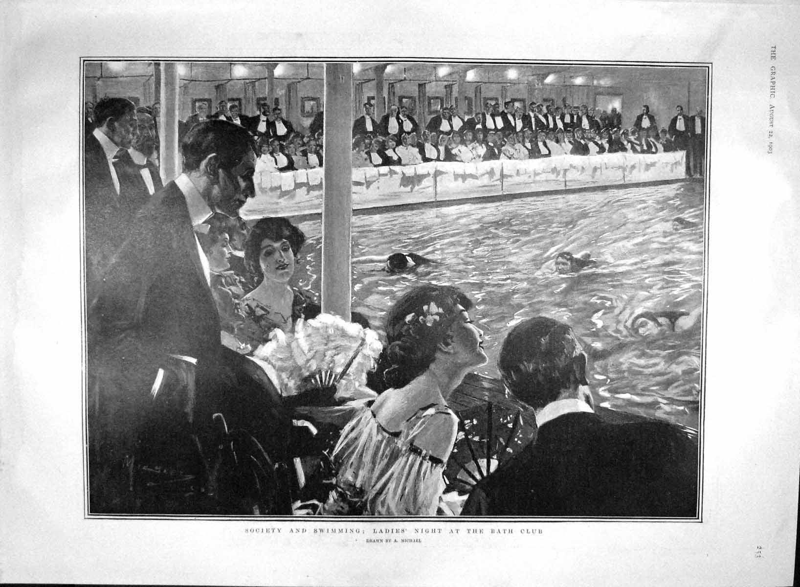 Old Antique Print 1903 Ladies Swimming Bath Club Humbert Court Playfair 20th