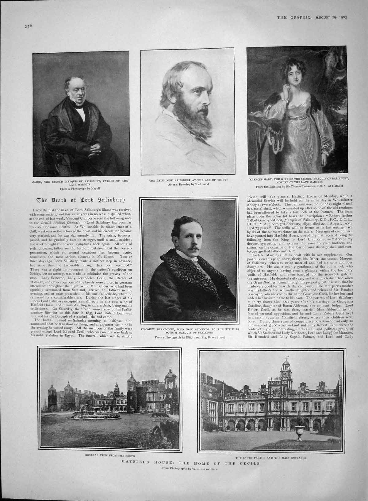 Old Antique Print 1903 Hatfield House Cecils Marquis Salisbury Cranborne 20th