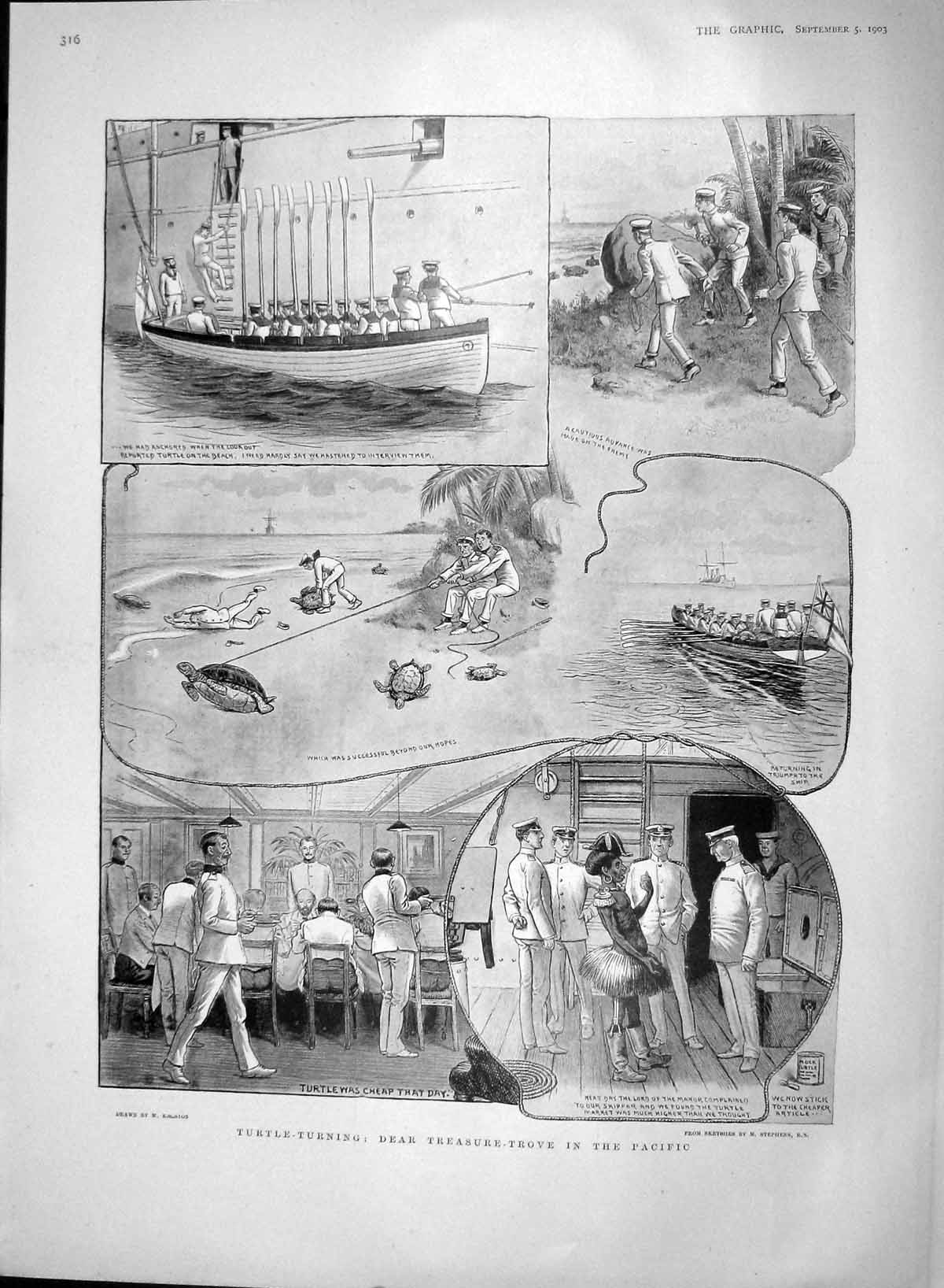Original Old Antique Print 1903 Turtle Turning Navy Ships Pacific Sailors War