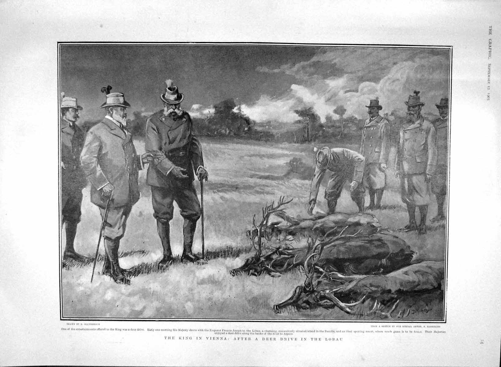Old Antique Print 1903 King Vienna Deer Drive Lobau Slaves Africa Mining 20th