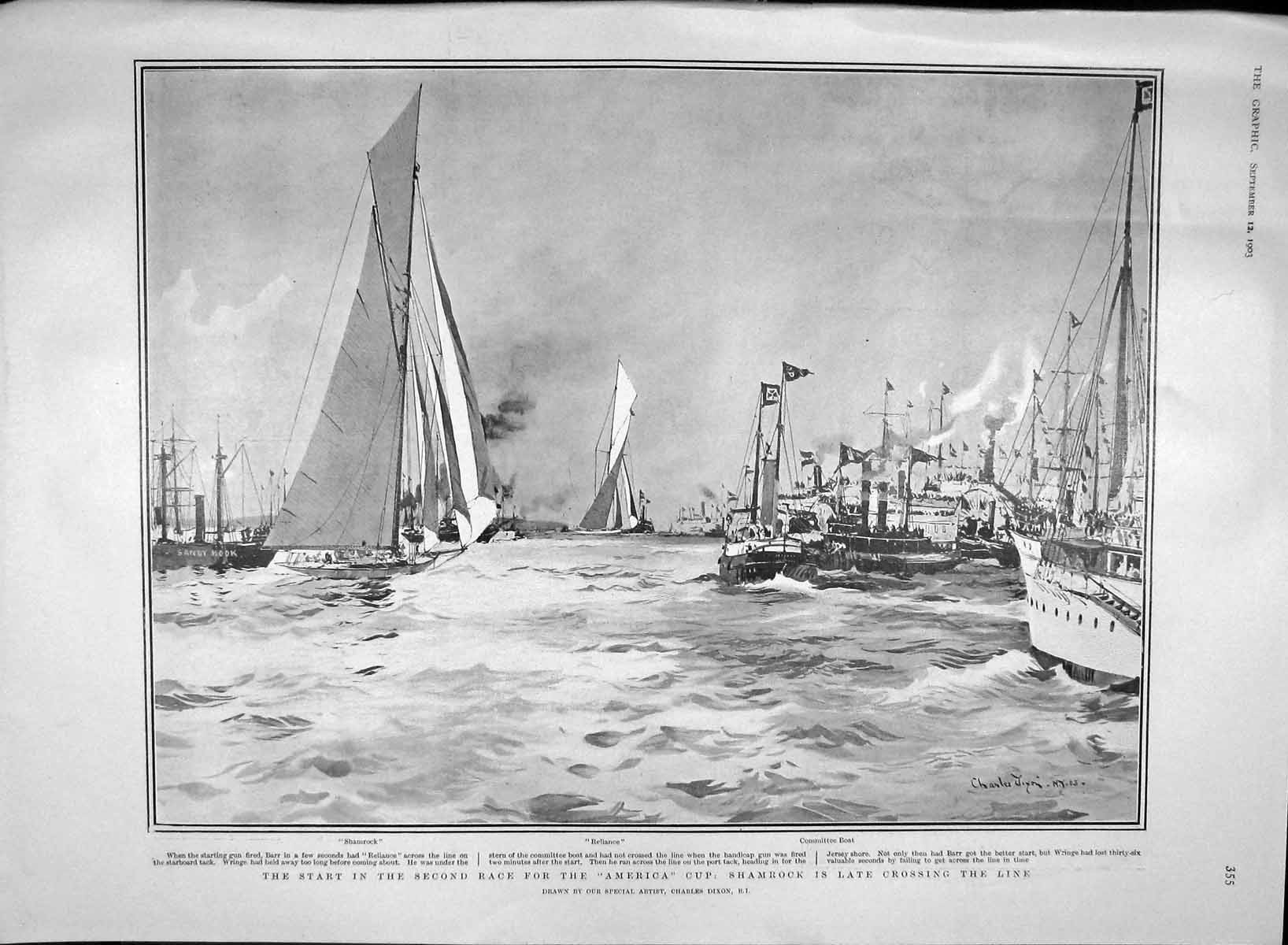 Original Old Antique Print 1903 Yacht Race America Cup Shamrock Reliance Sport
