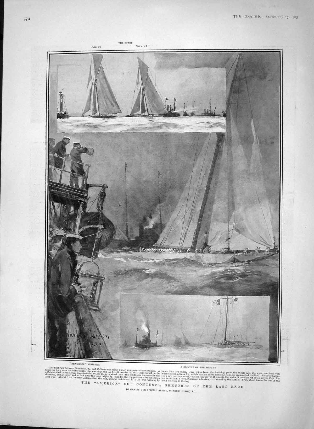 Original Old Antique Print 1903 America Cup Yacht Race Shamrock Reliance Sport