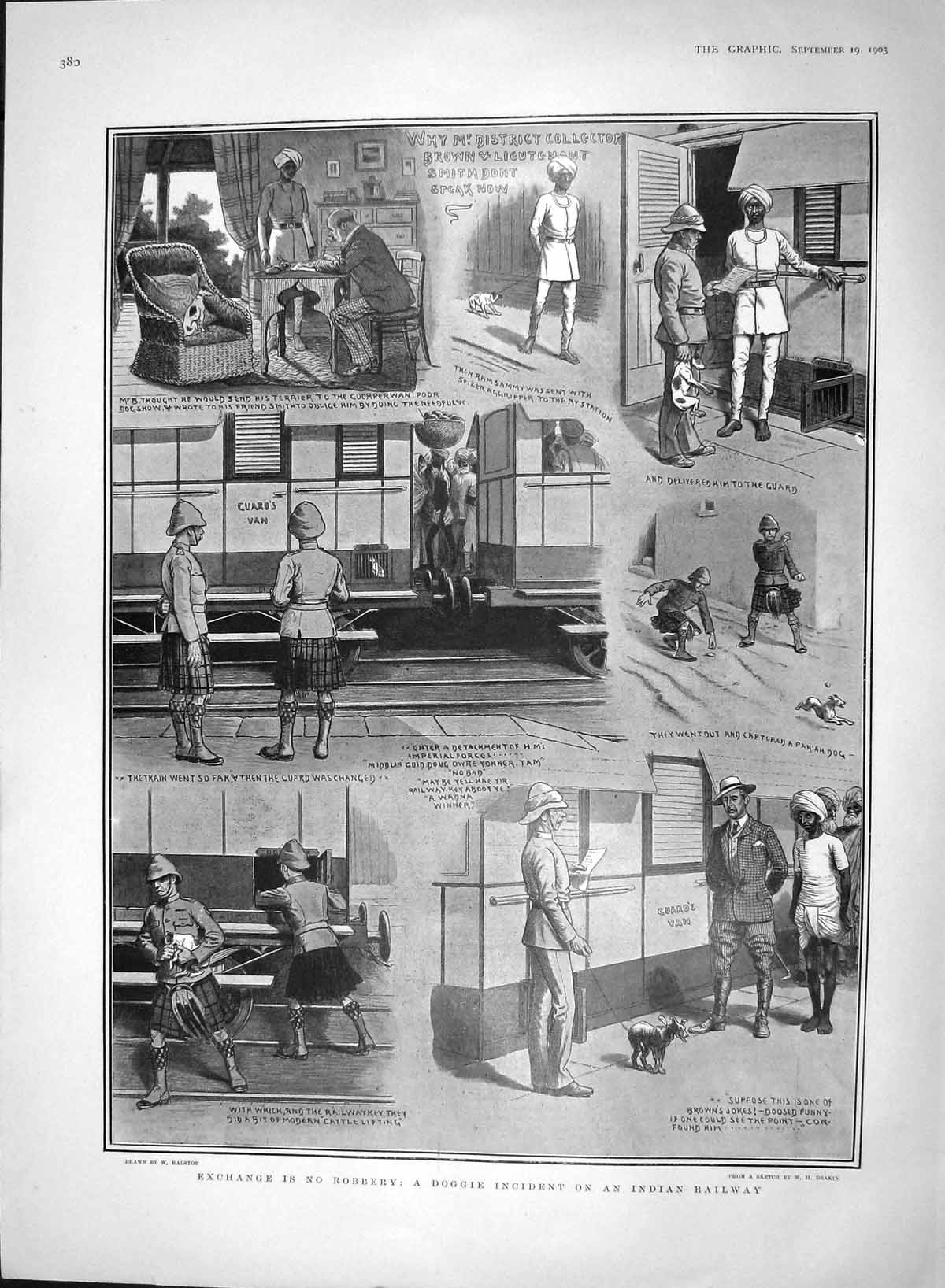 Old Antique Print 1903 Pet Dogs Indian Railway Train Brown Smith Robbery 20th