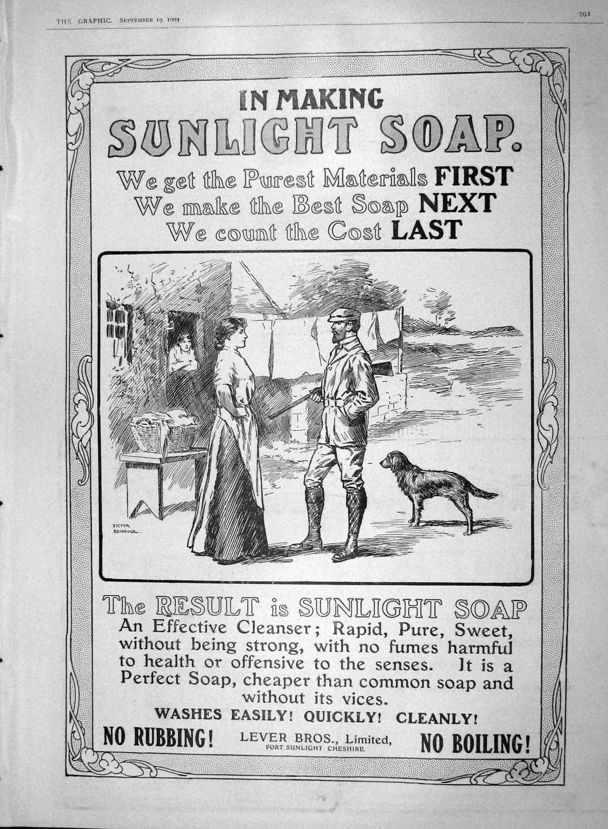 Original Old Antique Print 1903 Advertisement Sunlight Soap Lever Bros Cheshire