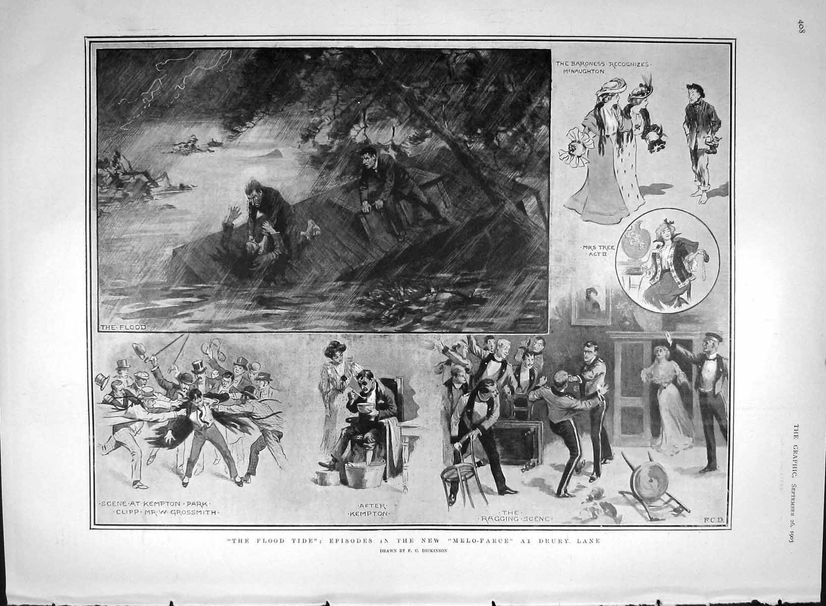 Old Antique Print 1903 Melo-Farce Drury Lane Theatre Kempton Flood Tree 20th